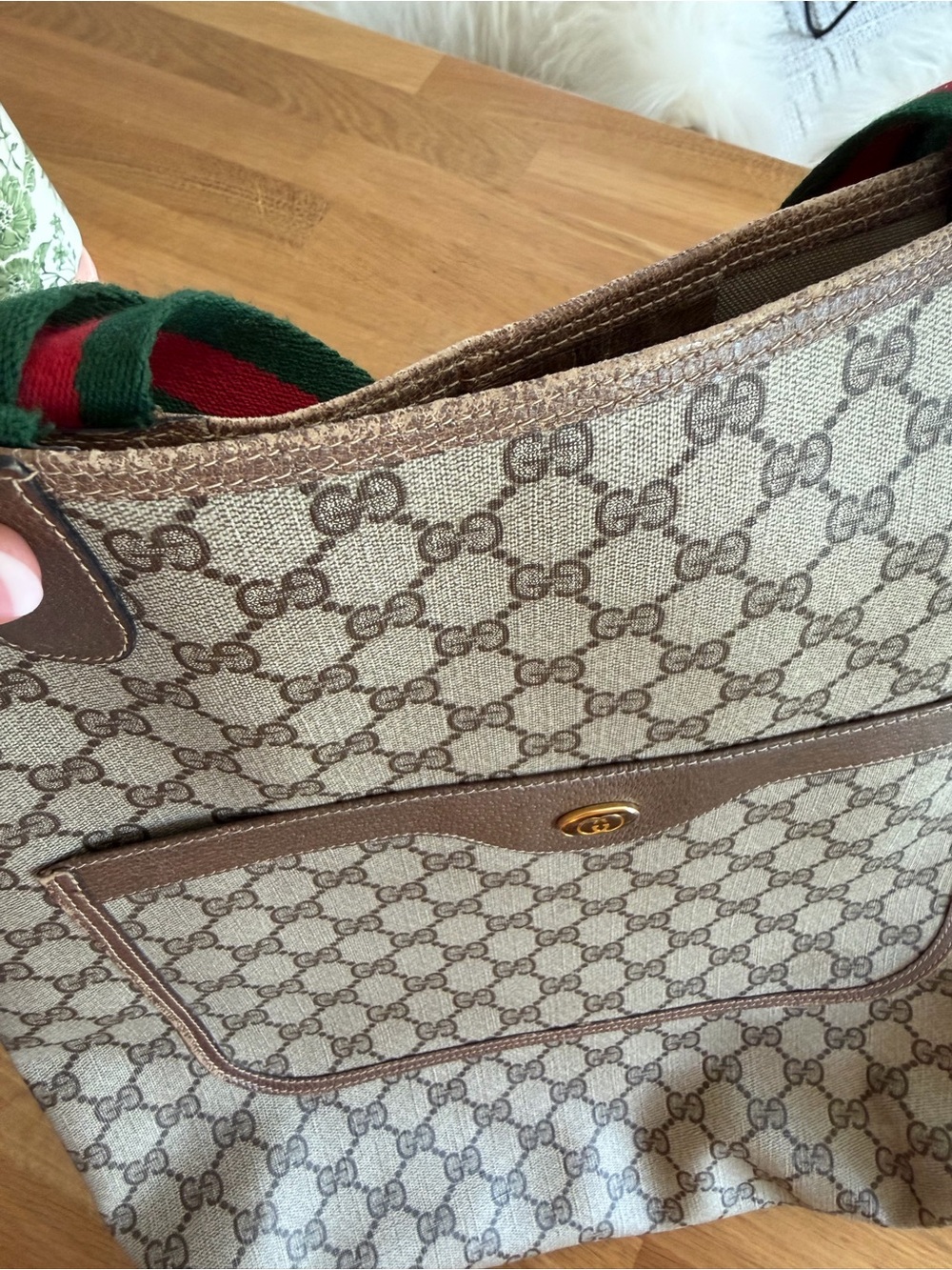 Gucci Beige GG Canvas Tote with Brown Trim and Green-Red Web Straps - Picture 5 of 5